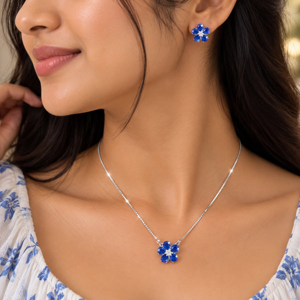 Sapphire Floral Blossom Necklace & Stud Set - Hand Wear View - SURIYAS