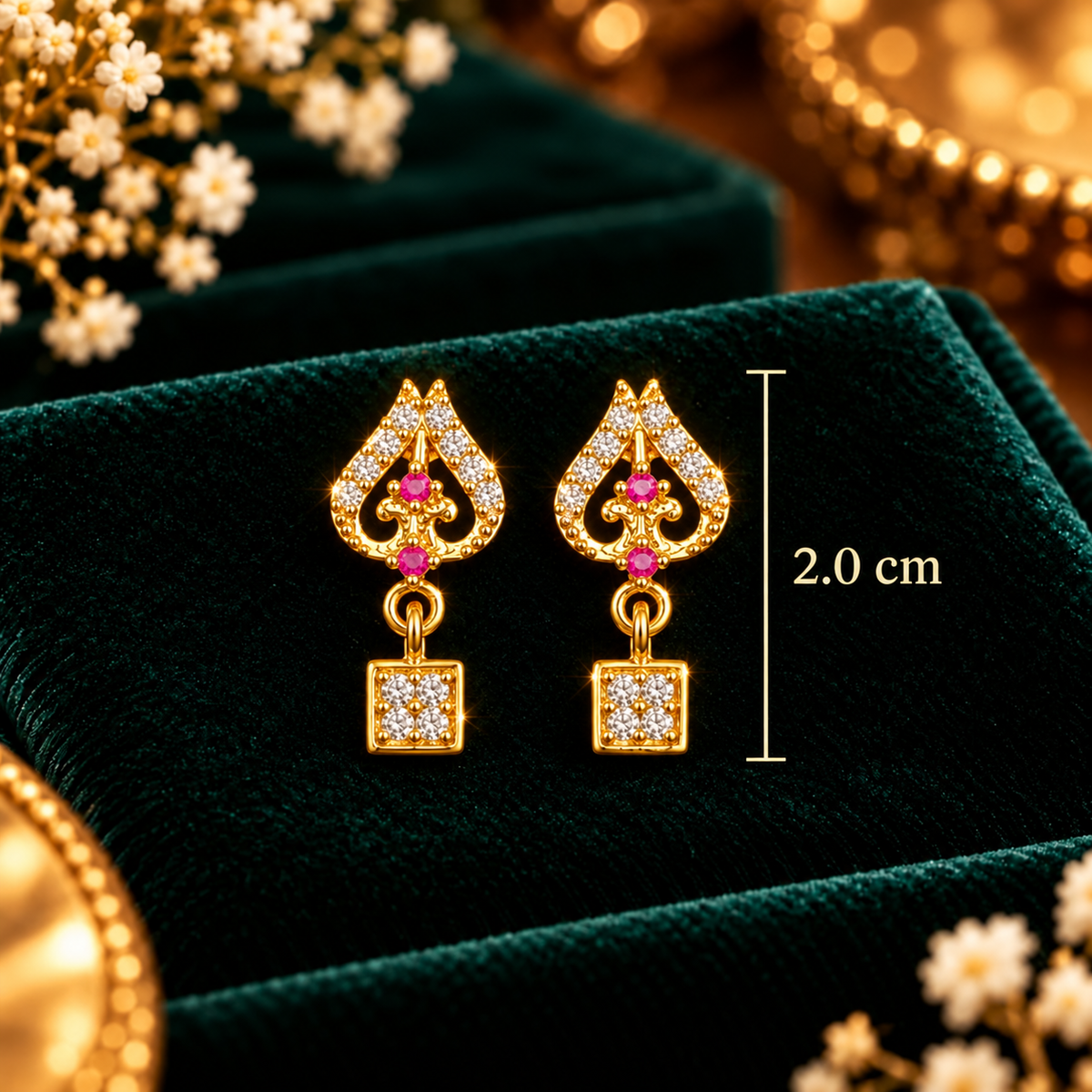 Ruby Heart Square Drop Earrings - Dimensions and Scale Guide in Centimeters (cm) - SURIYAS Jewel Studio