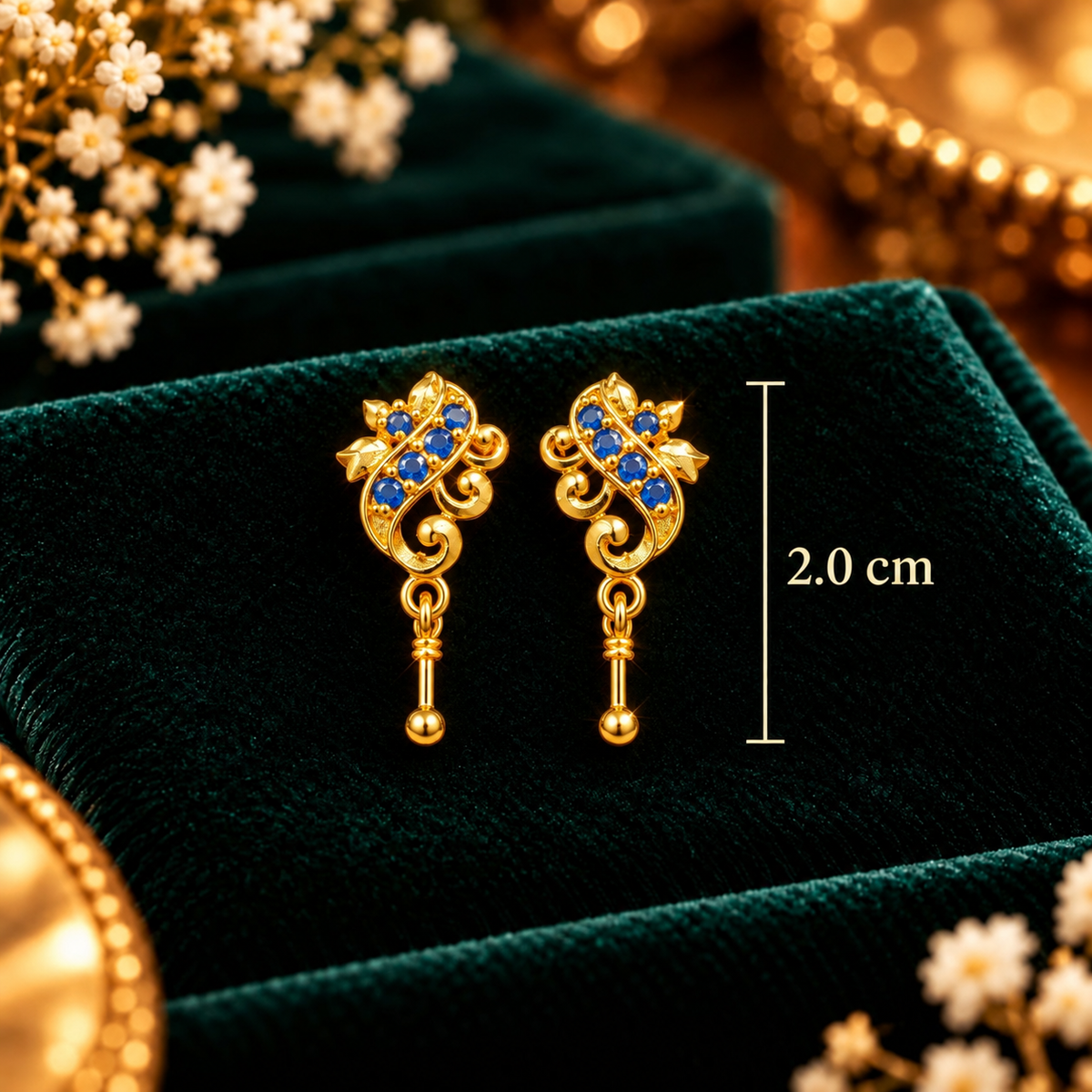 Sapphire Royale Filigree Cluster Drop Earrings - Dimensions and Scale Guide in Centimeters (cm) - SURIYAS Jewel Studio