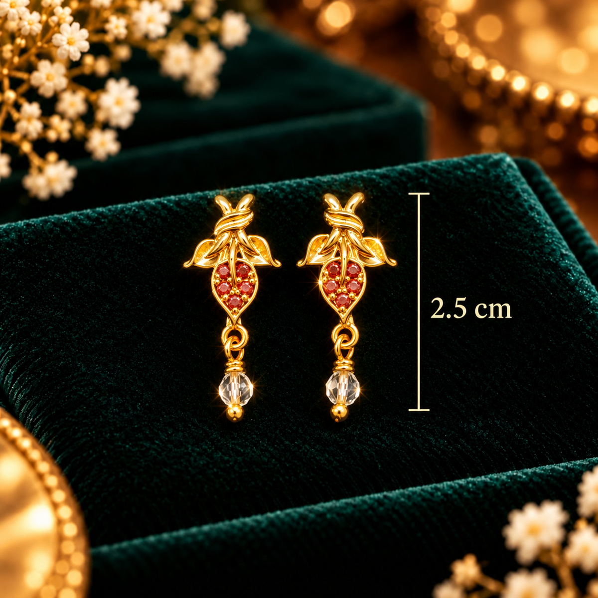 Ruby Blossom Pavé Crystal Drop Earrings - Dimensions and Scale Guide in Centimeters (cm) - SURIYAS Jewel Studio