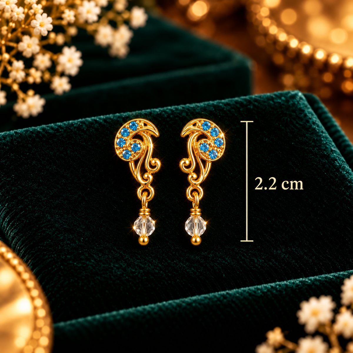 Peacock Plume Turquoise Crystal Drop Earrings - Dimensions and Scale Guide in Centimeters (cm) - SURIYAS Jewel Studio