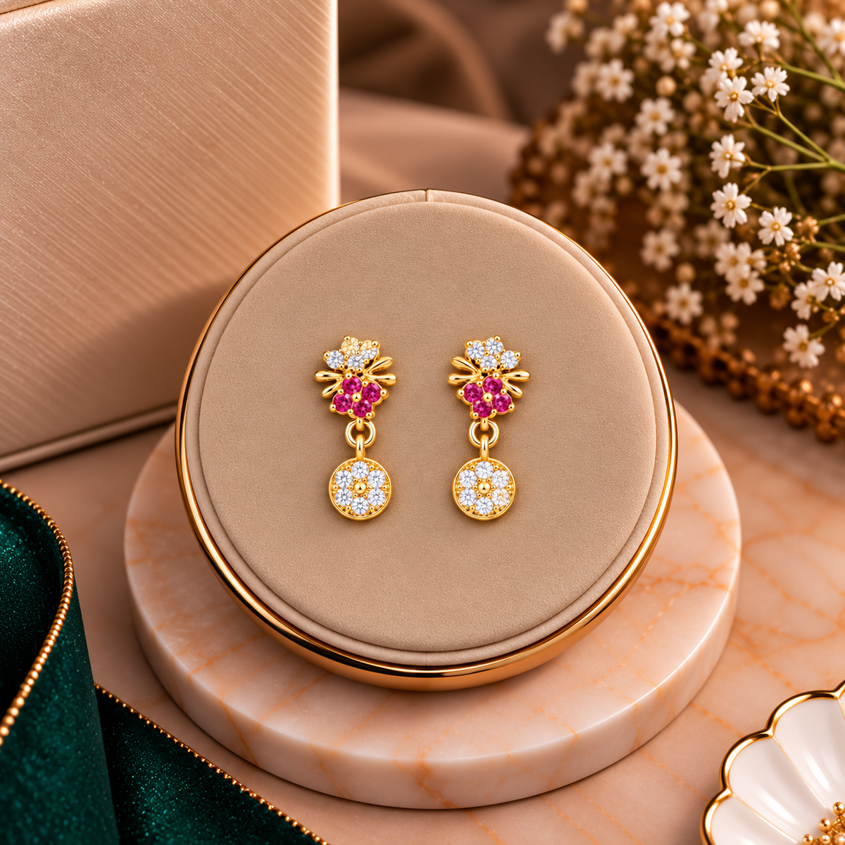 Gold-Plated Floral Ruby and Cubic Zirconia (AD Stone) Drop Earrings