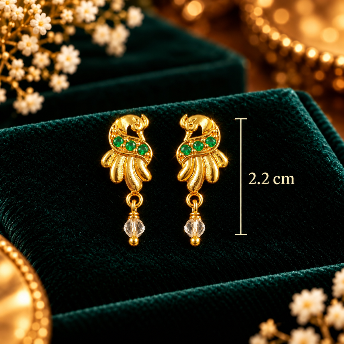 Emerald Peacock Charm Drop Earrings - Dimensions and Scale Guide in Centimeters (cm) - SURIYAS Jewel Studio