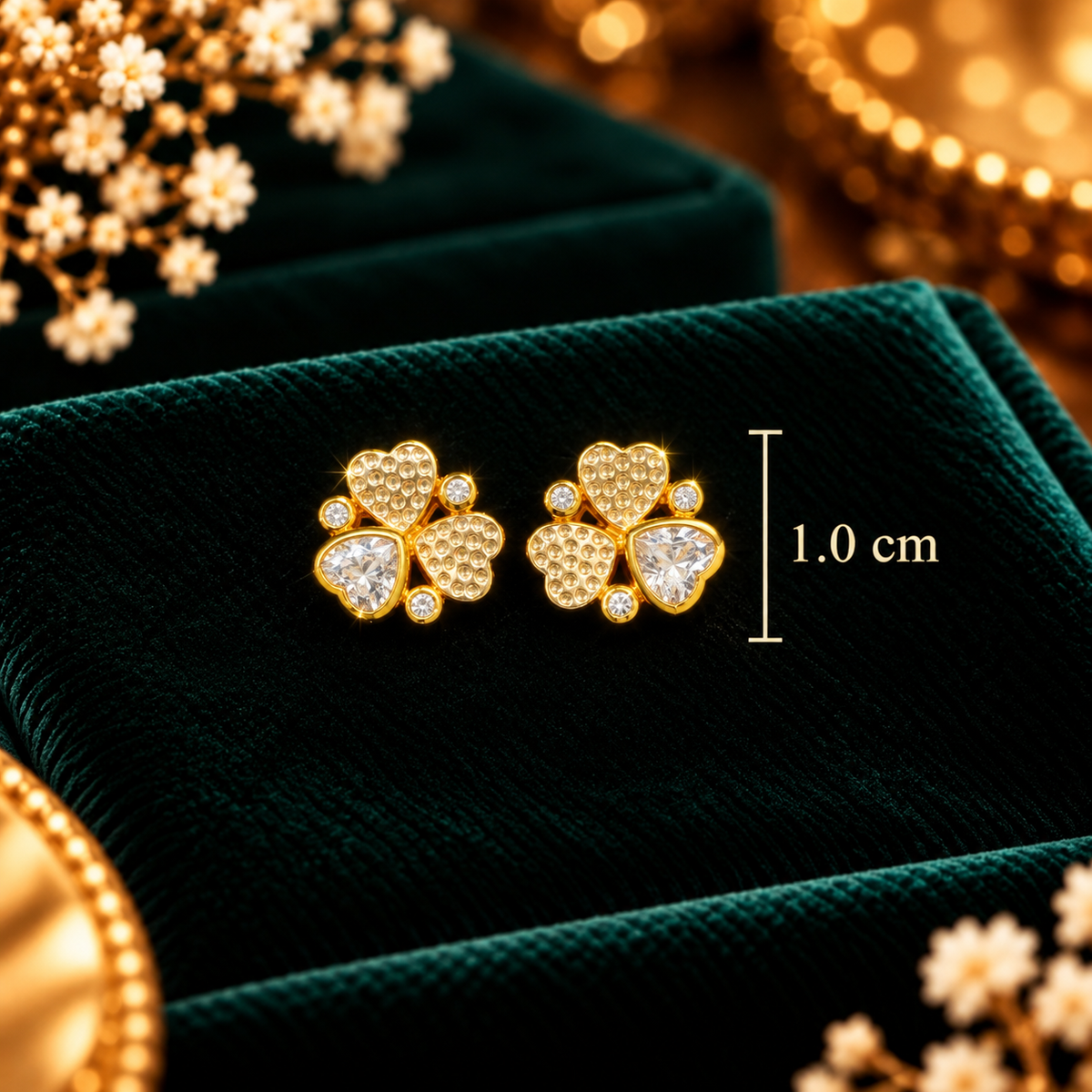 Celeste Trefoil Clover Pavé Crystal Stud Earrings - Dimensions and Scale Guide in Centimeters (cm) - SURIYAS Jewel Studio
