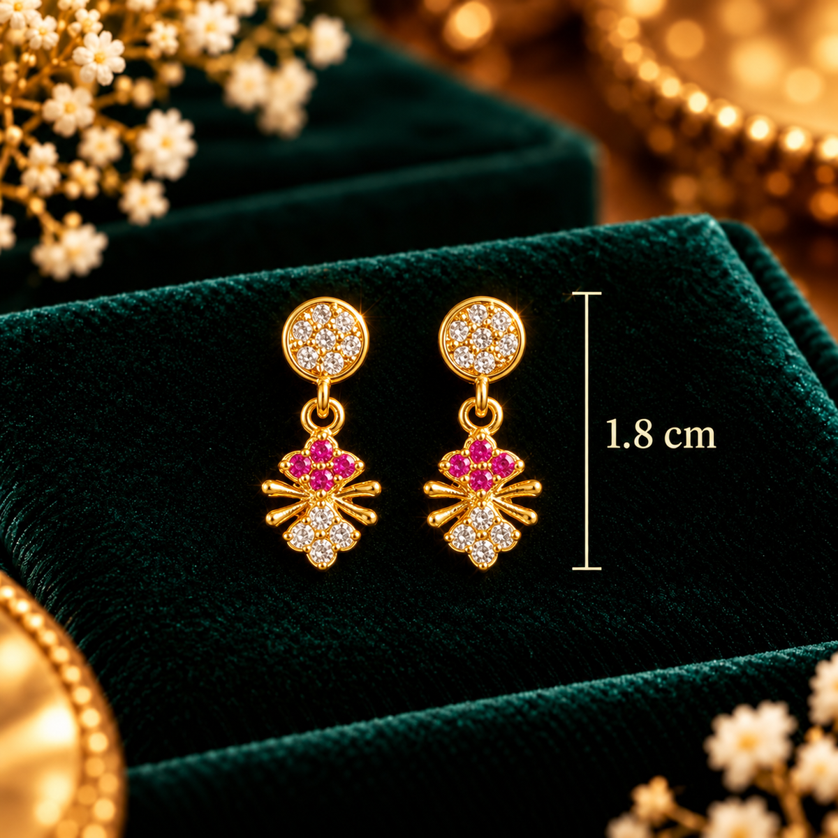 Gold-Plated Floral Ruby and Cubic Zirconia (AD Stone) Drop Earrings - Dimensions and Scale Guide in Centimeters (cm) - SURIYAS Jewel Studio