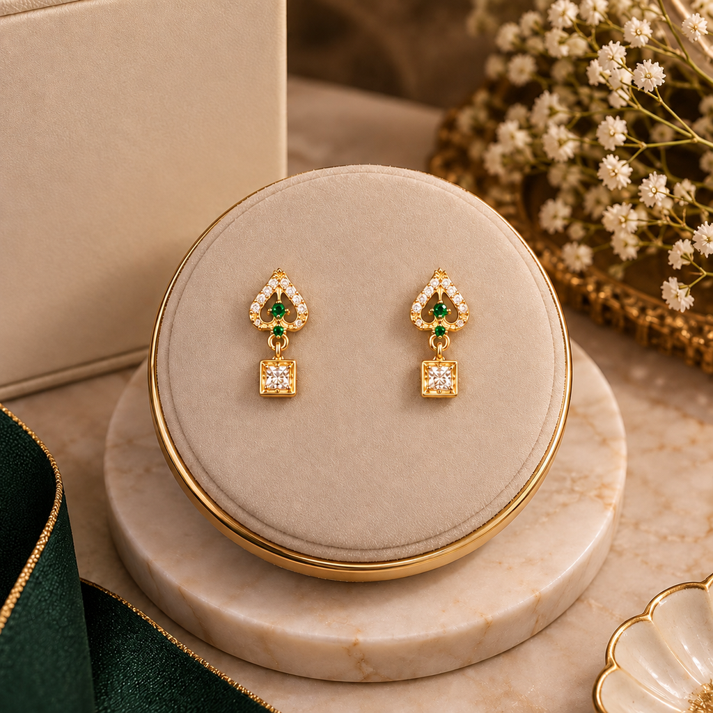 Emerald Heart Square Drop Earrings