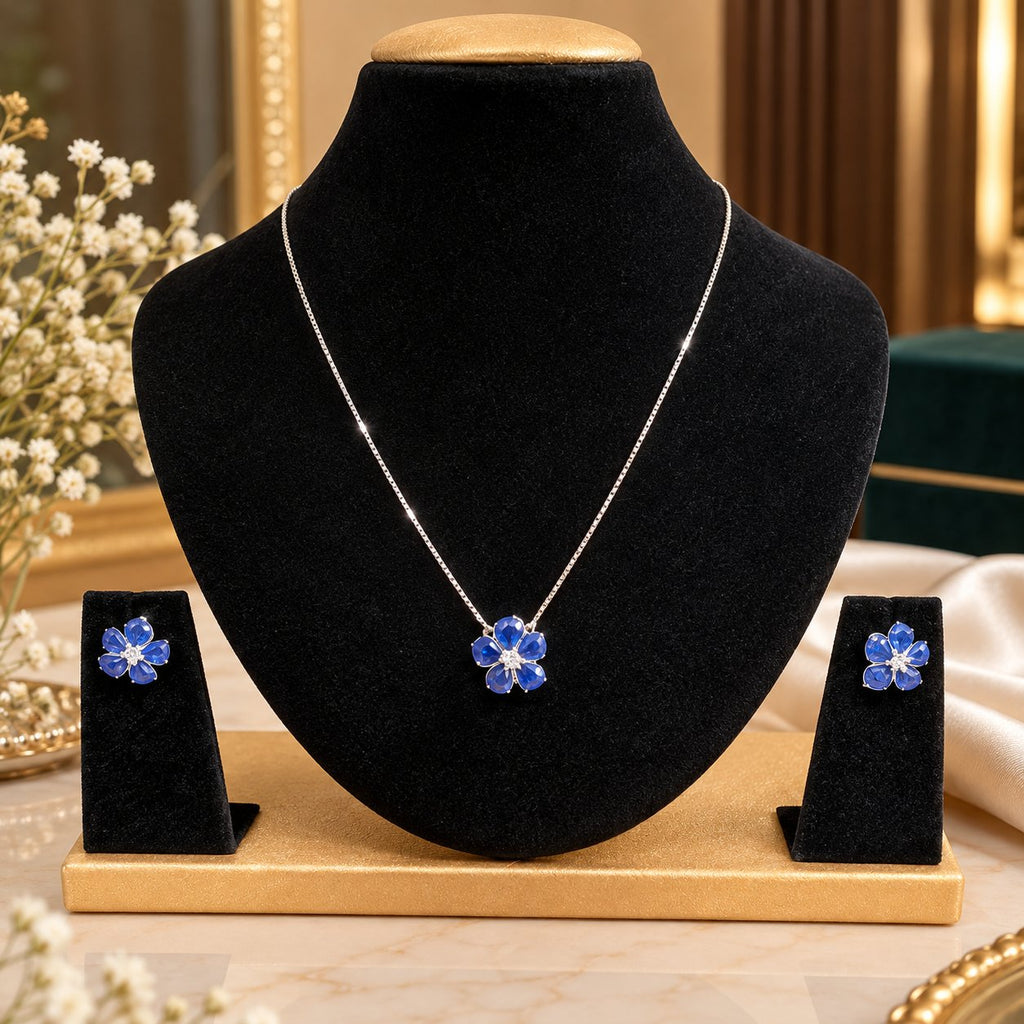 Sapphire Floral Blossom Necklace & Stud Set - Luxury Velvet Box Display - SURIYAS