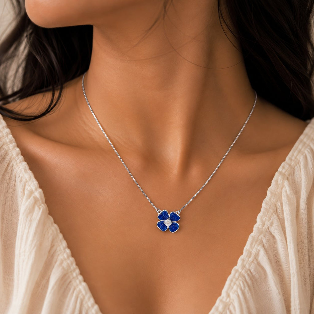 Midnight Blue Quatrefoil Clover Pendant - Luxury Velvet Box Display - SURIYAS