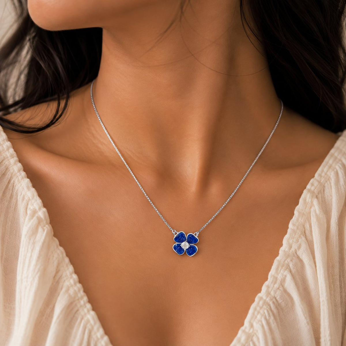 Midnight Blue Quatrefoil Clover Pendant - Luxury Velvet Box Display - SURIYAS