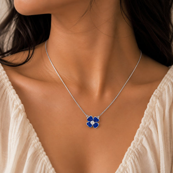 Midnight Blue Quatrefoil Clover Pendant - Luxury Velvet Box Display - SURIYAS