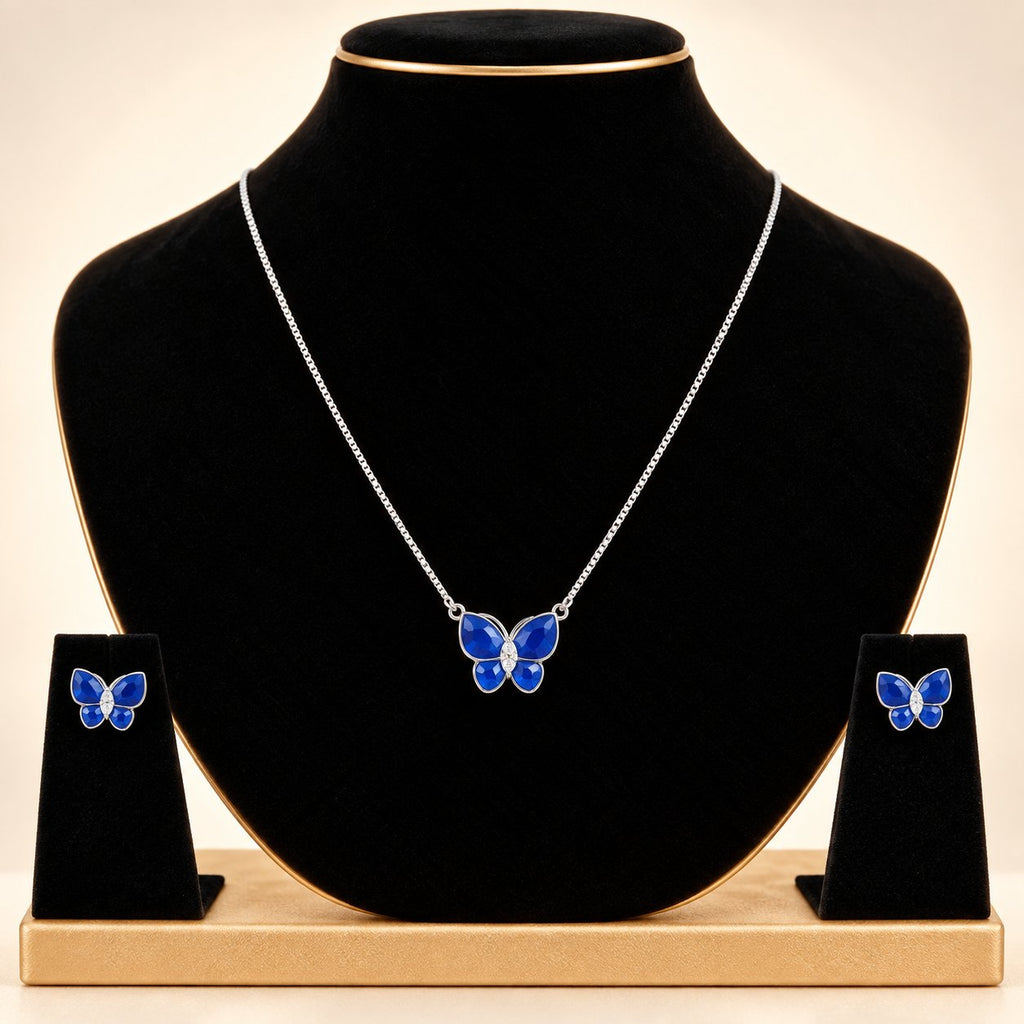 Cobalt Monarch Silhouette Necklace Set - Luxury Velvet Box Display - SURIYAS