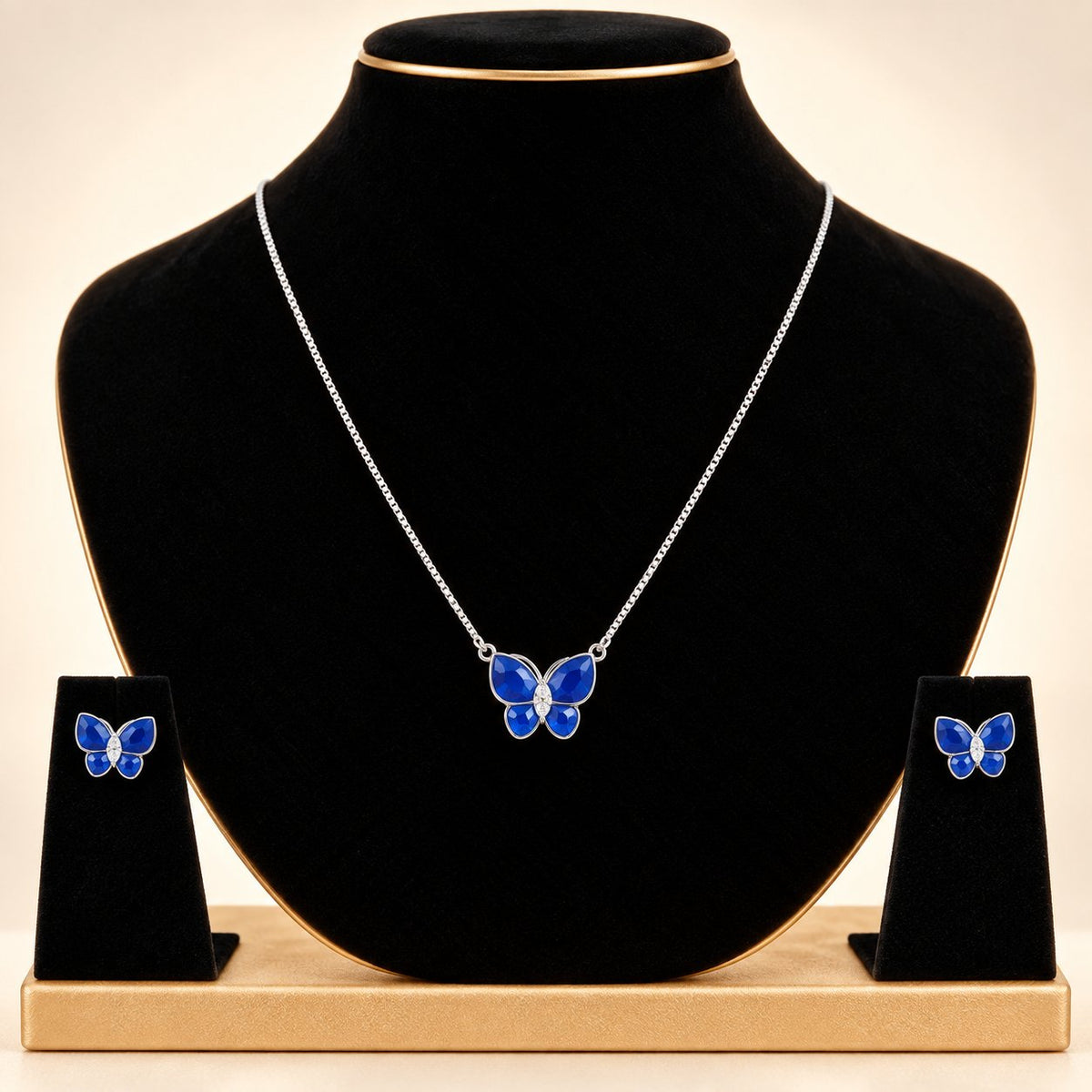 Cobalt Monarch Silhouette Necklace Set - Luxury Velvet Box Display - SURIYAS
