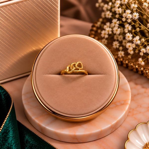 Adore Duo Floating Hearts Ring - Luxury Velvet Box Display - SURIYAS - Angle & Detail View | SURIYAS