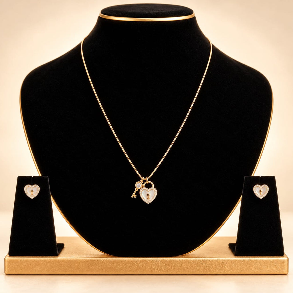 Aura Heart Lock & Key Mother-of-Pearl Necklace Set - Luxury Display Bust Stand - SURIYAS Jewel Studio