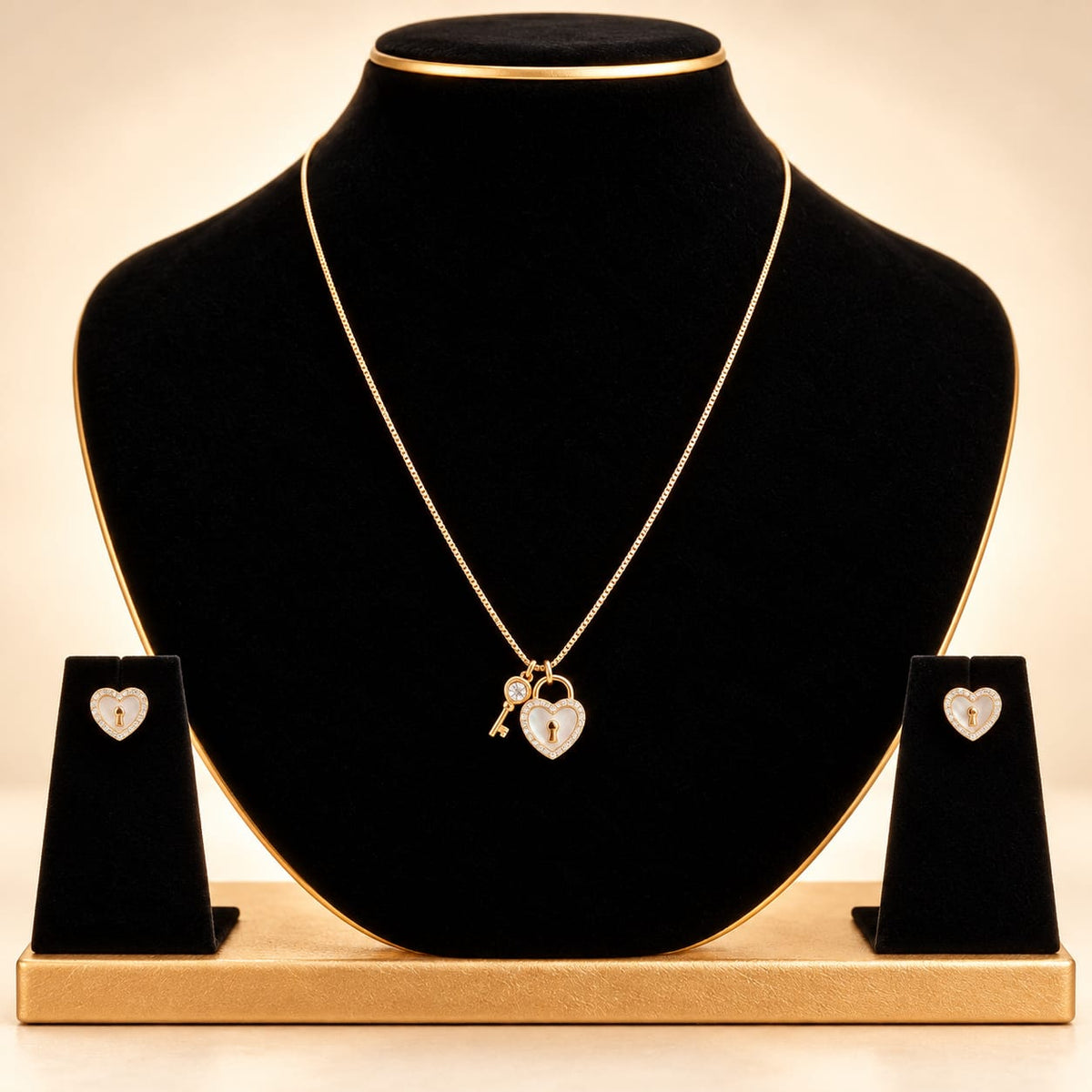 Aura Heart Lock & Key Mother-of-Pearl Necklace Set - Luxury Display Bust Stand - SURIYAS Jewel Studio