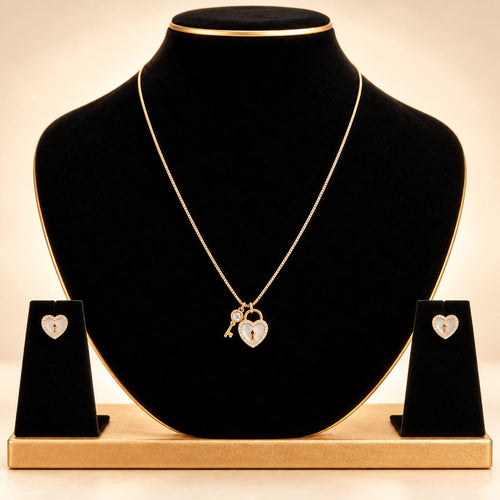 Aura Heart Lock & Key Mother-of-Pearl Necklace Set - Luxury Display Bust Stand - SURIYAS Jewel Studio