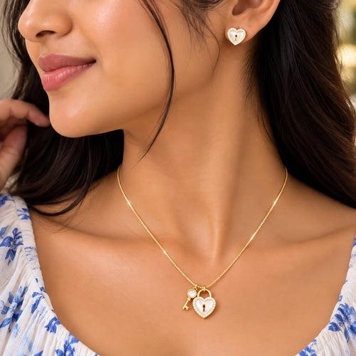 Aura Heart Lock & Key Mother-of-Pearl Necklace Set - On-Model Styling View - SURIYAS Jewel Studio