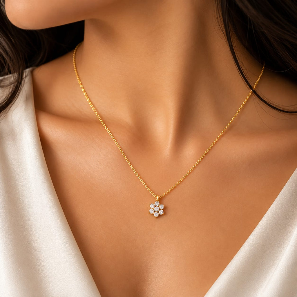 Celeste Floral Cluster Pavé Crystal Chain Pendant - On-Model Styling View - SURIYAS Jewel Studio