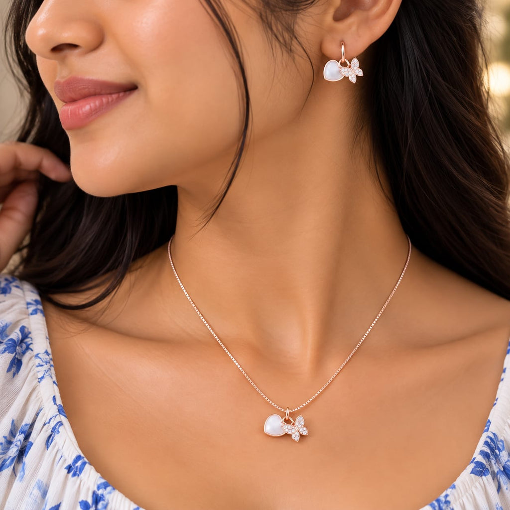 Aura Butterfly & Heart Mother-of-Pearl Necklace Set - On-Model Styling View - SURIYAS Jewel Studio