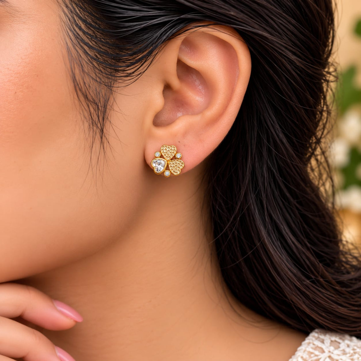Celeste Trefoil Clover Pavé Crystal Stud Earrings - On-Ear Styling View - SURIYAS Jewel Studio