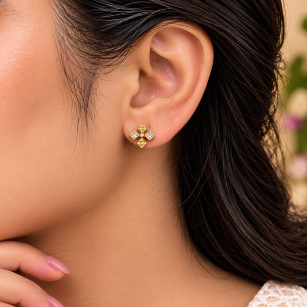 Imperial Geometric Diamond Cross Stud Earrings - On-Ear Styling View - SURIYAS Jewel Studio