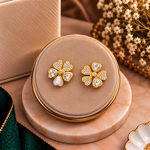Aura Floral Clover Pavé Pearl Drop Earrings - Luxury Display Pedestal Stand - SURIYAS Jewel Studio