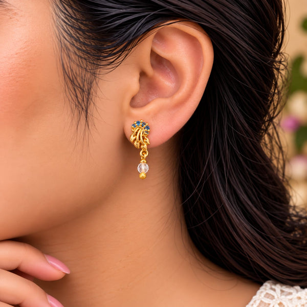 Peacock Plume Turquoise Crystal Drop Earrings - On-Ear Styling View - SURIYAS Jewel Studio